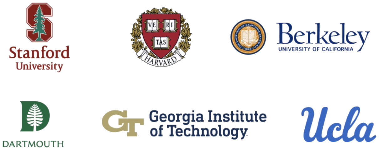 Logos of Stanford, Harvard, UC Berkeley, Dartmouth, Georgia Tech, and UCLA